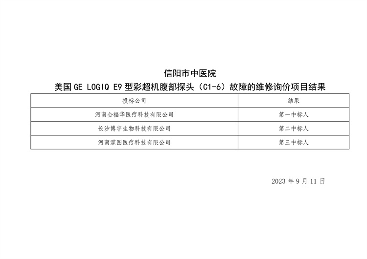 信阳市中医院美国 GE LOGIQ E9型彩超机腹部探头（C1-6）故障的维修询价项目结果